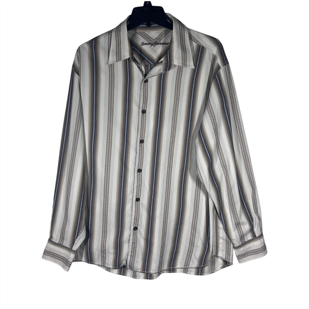 Tommy Bahama Mens XL Silk Blend Striped Button Up Long Sleeve Shirt Beige Brown